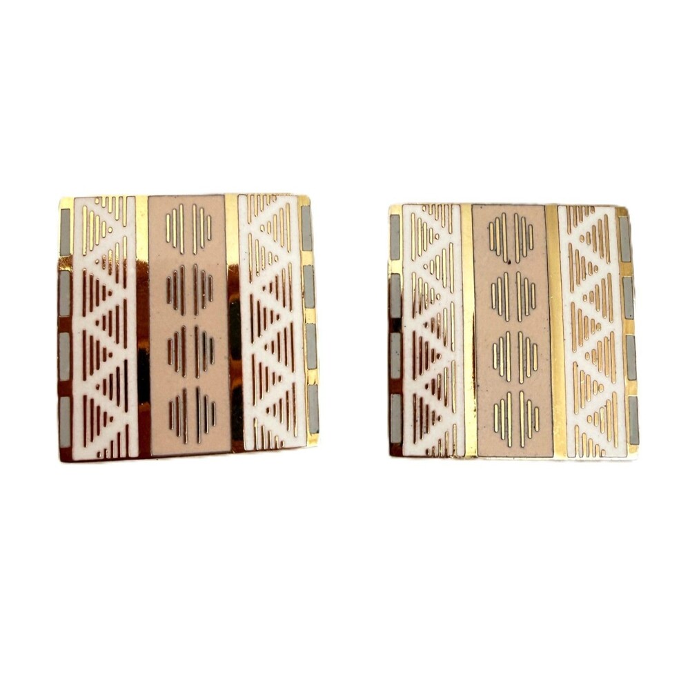 Vintage 1980s Isle of Skye Gold Tone Enamel Geometric Pierced Earrings